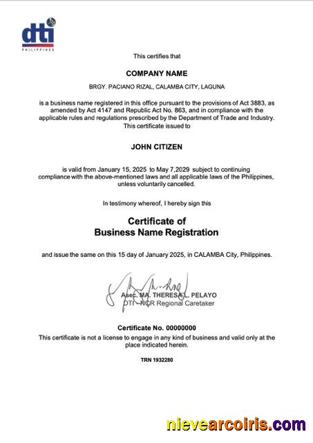 Philippines Calamba certificate of business name registration